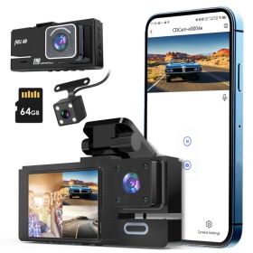 1Pc WiFi FHD 1080P Car Dash Cam 3 Channels Front Rear Inside Dash Camera With Loop Recording Reversing Image Night Vision 170 Degree Wide Angle Suppor