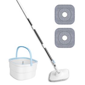 Spin Mop And Bucket With Wringer Set Flat Floor Mop With Clean And Dirty Water Separate System 2 Replaceable Reusable Washable Microfiber Mop Pads